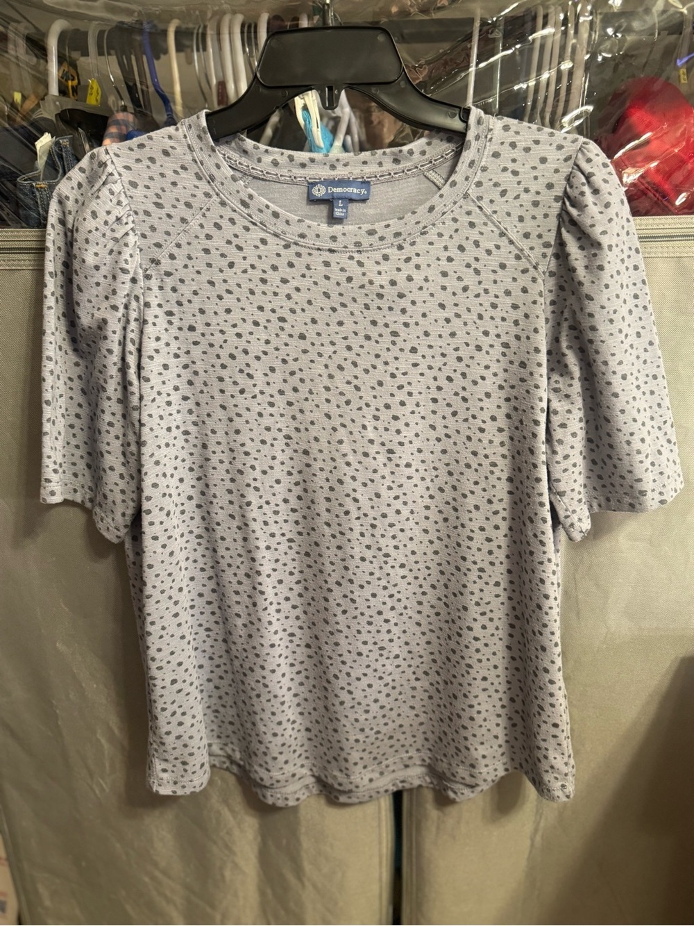 Democracy Gray Puff-Sleeve Dot Top- Size Large